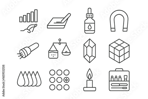 Mineral Identification Icons. Outline vector icons of mineral identification: hardness scale, streak plate,