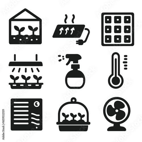 Mini Greenhouse Icons. Solid, filled icons set of small indoor greenhouse setups: mini greenhouse frame,