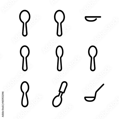 Spoon Icons Collection. Outline icon set of spoon shapes: round bowl spoon, oval bowl spoon, flat spoon, deep spoon, long handle