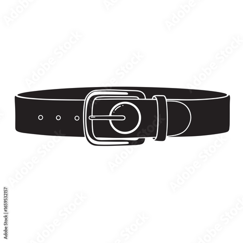Minimalist black and white illustration of a simple leather belt and buckle design