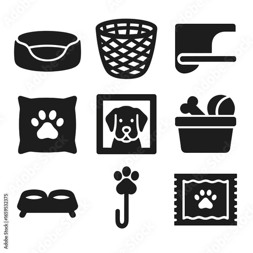 Modern Pet Furniture Icons. Solid, filled icons set of pet furniture and decor: modern pet bed, woven basket,