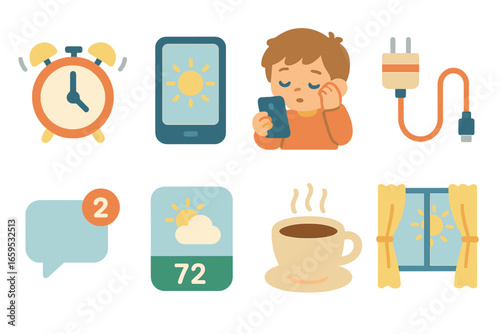 Morning Routine Icons. Flat vector mini-illustrations morning digital routines in colors children's