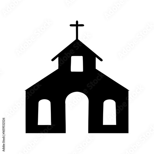 Simple black and white silhouette drawing of a church building with a cross