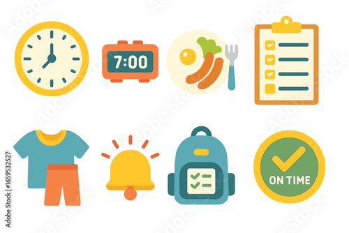 Morning Routine Icons. Flat vector mini-illustrations organizing morning time in colors children's