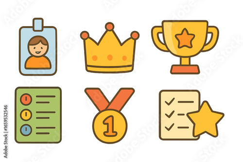 Motivational Emblems Grid. Flat vector mini-illustrations employee motivation tools in colors children's