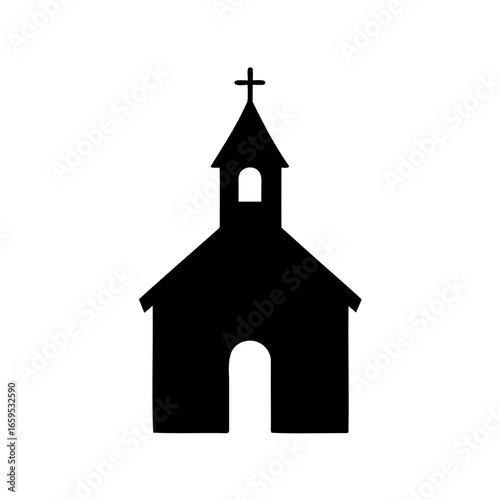 Silhouette of a Simple Church Building with Cross on Top, Isolated