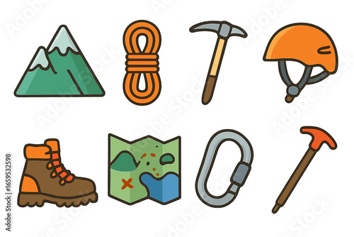 Mountain Adventure Icons. Flat vector mini-illustrations Mountain adventure in colors children's illustrations