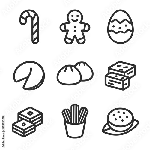 Sweet Traditions Icons. Outline icon set of sweet traditions: candy cane, gingerbread, chocolate Easter egg, fortune cookie, sweet