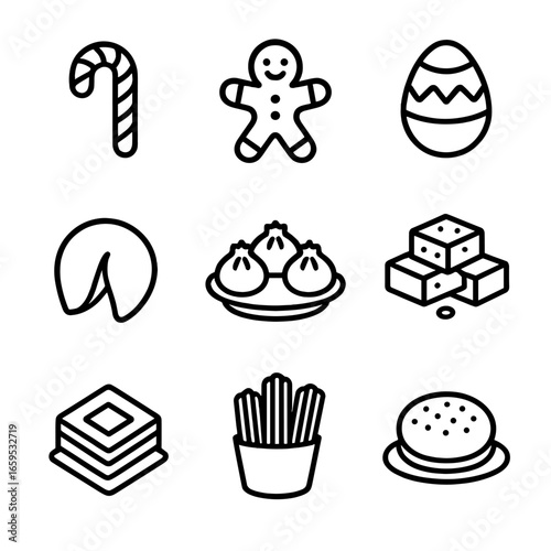 Sweet Traditions Icons. Outline icon set of sweet traditions: candy cane, gingerbread, chocolate Easter egg, fortune cookie, sweet