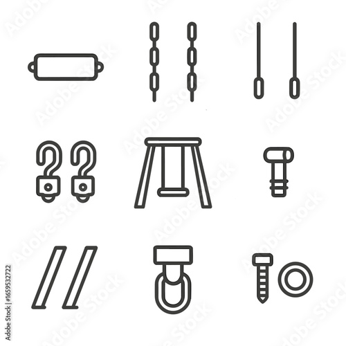 Swing Component Icons. Outline icon set of swing components: swing seat, swing chains, swing ropes, swing hooks, swing frame,