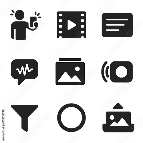 Multimedia Icon Grid. Solid, filled icons set of multimedia user content: selfie icon, short-form video symbol