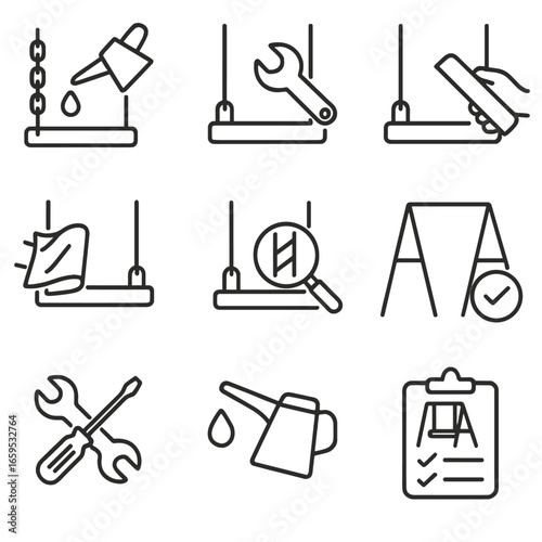 Swing Maintenance Icons. Outline icon set of swing maintenance: oiling chains, tightening bolts, replacing seat, cleaning swing,