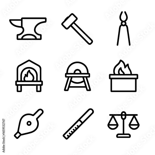 Sword Forging Tools Icons. Outline icon set of sword forging tools: anvil, hammer, tongs, forge, grinding wheel, quenching tank,