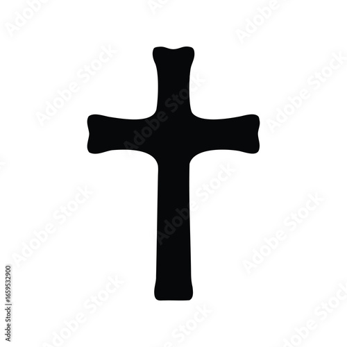Bold black Celtic cross against a white background evokes religious symbolism