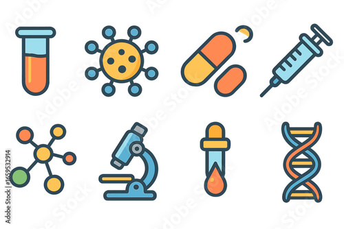 Nano Diagnostics Kit Icons. Flat vector mini-illustrations nano diagnostics kit in colors children's