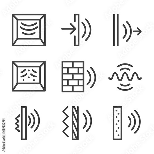 Acoustic Icons Grid. Outline icon set of resonance in acoustics: reverberation, sound reflection, echo, room acoustics,