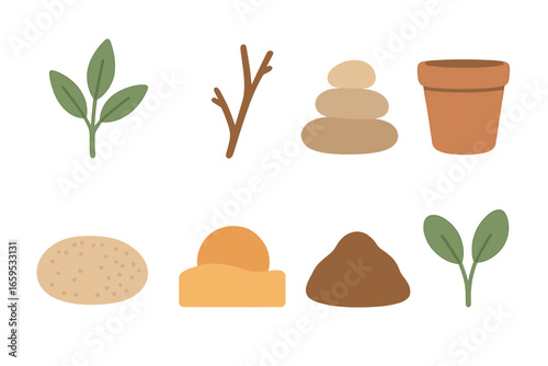Nature Icons Grid. Flat vector mini-illustrations earthy color palettes in colors children's illustrations: