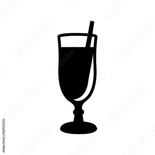 Black silhouette of a beverage drink in a stem glass with straw