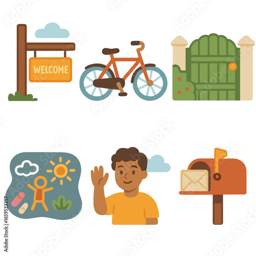 Neighborhood Adventure Icons. Flat vector mini-illustrations Exploring the neighborhood together in colors