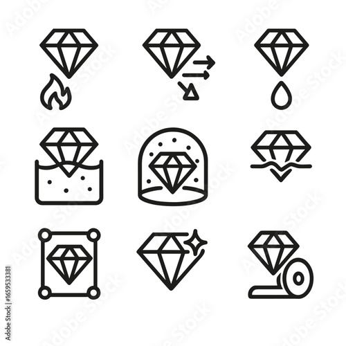 Amethyst Treatment Icons. Outline icon set of amethyst treatments: heat treatment, irradiation, oiling, dyeing, coating, fracture