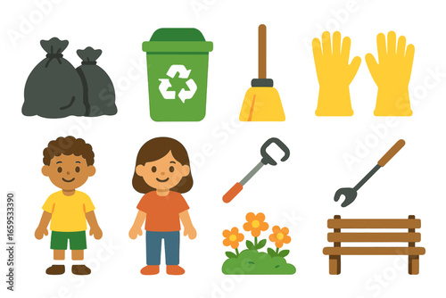 Neighborhood Clean-Up Icons. Flat vector mini-illustrations neighborhood clean-up day in colors children's