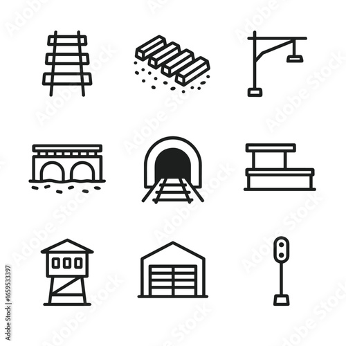 Train Infrastructure Icons. Outline icon set of train infrastructure: railway track, sleepers, ballast, catenary, bridge, tunnel,