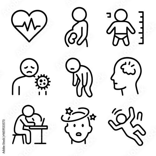 Anemia Complications Icons. Outline icon set of anemia complications: heart failure, pregnancy risk, delayed growth, infections,