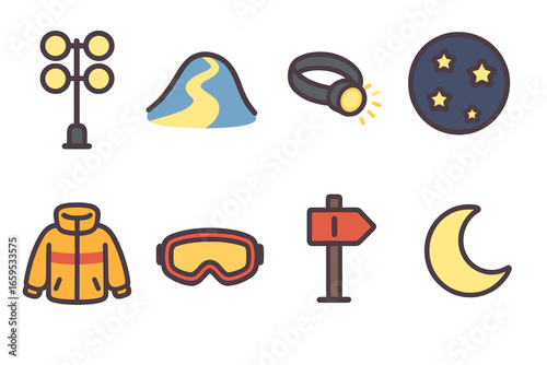 Night Snowboarding Icons. Flat vector mini-illustrations Night snowboarding in colors children's illustrations