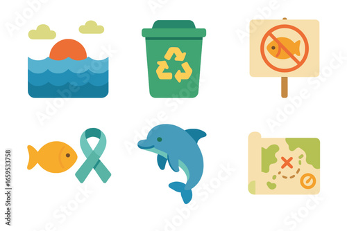 Ocean Conservation Icons. Flat vector mini-illustrations ocean conservation awareness in colors children's