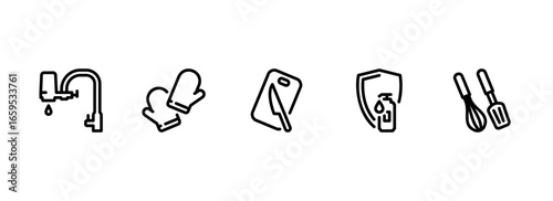 A collection of line art icons for cooking, kitchen safety, and water purification