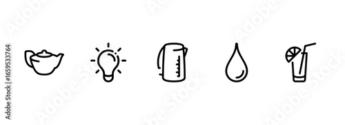 Monochrome pictograms for tea time, bright ideas, and refreshments