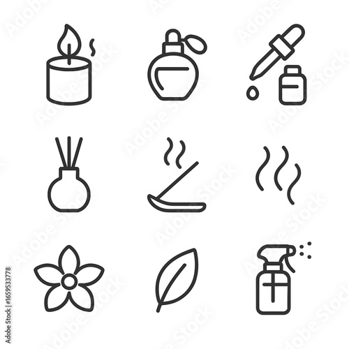 Vanilla Aroma Icon Set. Outline icon set of vanilla scents and aromas: candle, perfume bottle, essential oil dropper, diffuser,