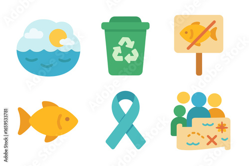 Ocean Conservation Icons. Flat vector mini-illustrations ocean conservation awareness in colors children's