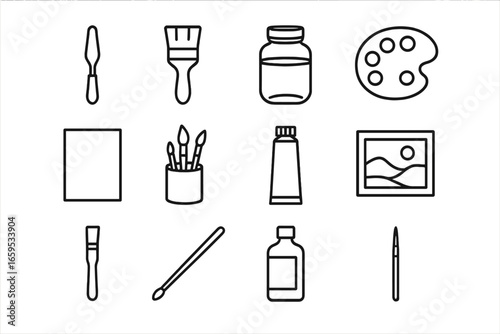 Oil Painting Tools Icons. Outline icon set of oil painting tools: palette knife, hog bristle brush, turpentine