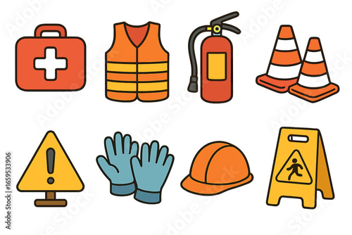 On-Set Safety Icons. Flat vector mini-illustrations of on-set safety tools in colors children's illustrations: