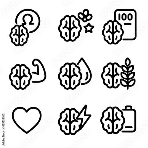 Walnut Health Icons. Outline icon set of walnut health and nutrition: omega-3, antioxidant, calorie count, protein, fat content,