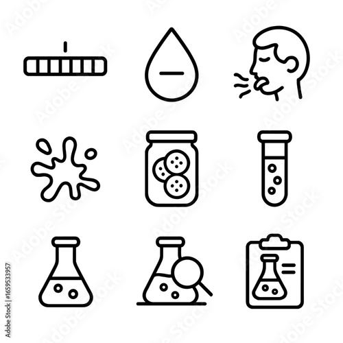 Vinegar Acidity Icons. Outline icon set of vinegar acidity levels: pH scale, acid droplet, sour taste, vinegar splash, food