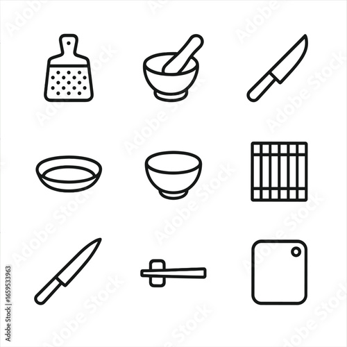 Wasabi Utensils Icons. Outline icon set of wasabi-related utensils: grater, mortar and pestle, knife, serving plate, small bowl,