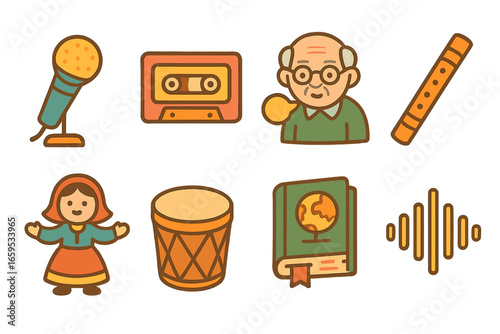 Oral Traditions Icons. Flat vector mini-illustrations documenting oral traditions in colors children's