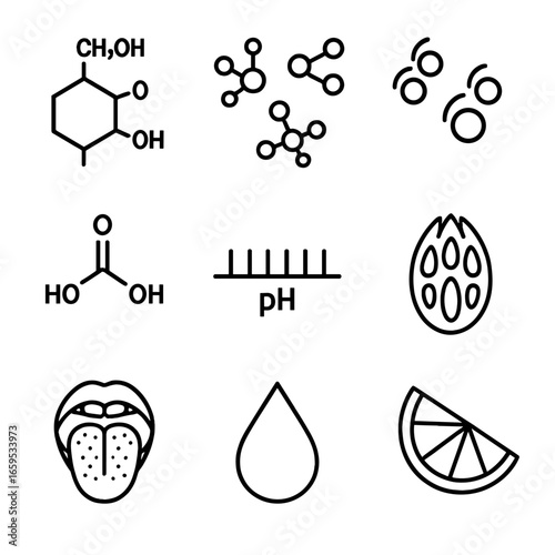 Watermelon Flavor Chemistry Icons. Outline icon set of watermelon flavor chemistry: sugar molecule, flavor compounds, aroma
