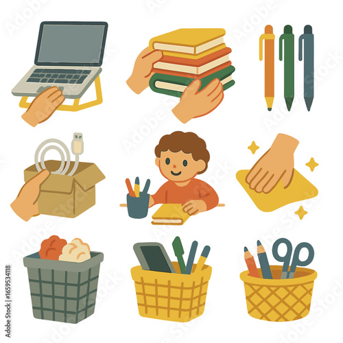 Organized Desk Icons. Flat vector mini-illustrations organizing a desk in colors children's illustrations: