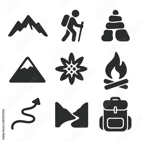 Outdoor Adventure Icons. Solid, filled icons set of mountain and outdoor art: mountain line art, hiking sketch
