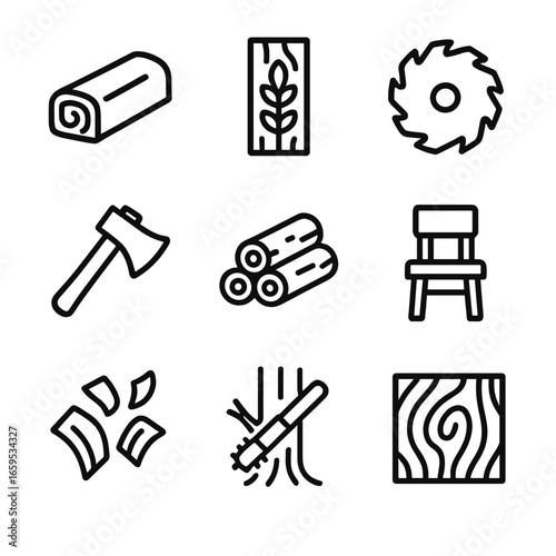 Woodcraft Icon Set. Outline icon set of old tree woodcraft: timber, carved wood, saw blade, axe, log pile, furniture, wood chips,