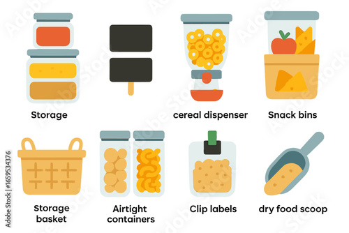 Pantry Organization Icons. Flat vector mini-illustrations Pantry organization tips in colors children's
