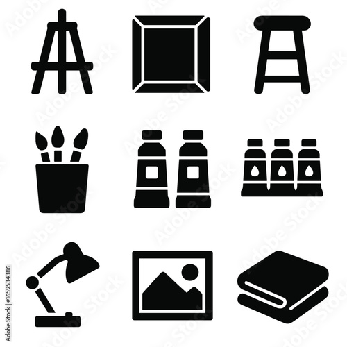 Painting Studio Icons. Solid, filled icons set of painting studio tools: easel, stretched canvas, stool, brush