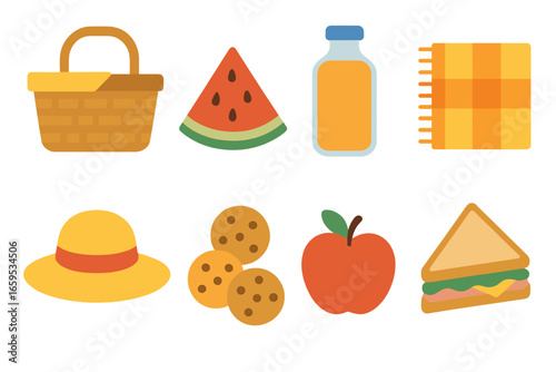 Park Picnic Icons. Flat vector mini-illustrations weekend park picnic in colors children's illustrations:
