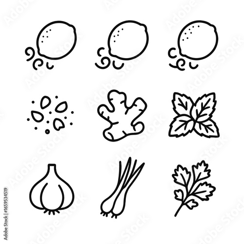 Zesty Ingredients Icons. Outline icon set of zesty ingredients: lemon zest, lime zest, orange zest, chili flakes, fresh ginger,
