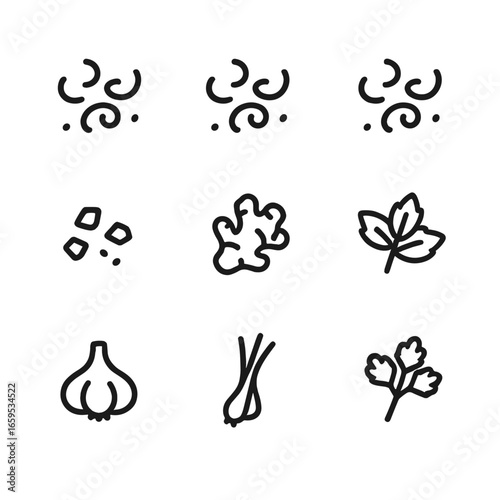 Zesty Ingredients Icons. Outline icon set of zesty ingredients: lemon zest, lime zest, orange zest, chili flakes, fresh ginger,