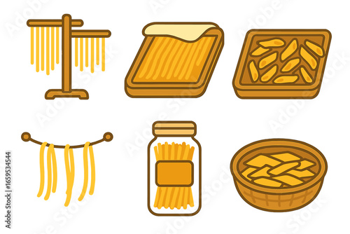 Pasta Drying Icons. Flat vector mini-illustrations pasta drying process in colors children's illustrations: