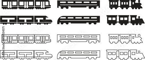 Train icons set in flat and line styles. Collection and group of travel elements including railway transport, subway, metro, underground signs, public tram pictogram, railway carriage and locomotive s
